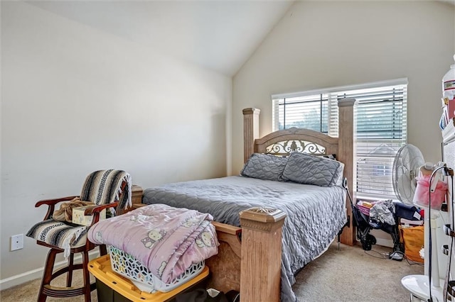 bedroom featuring high vaulted ceiling, carpet, and baseboards