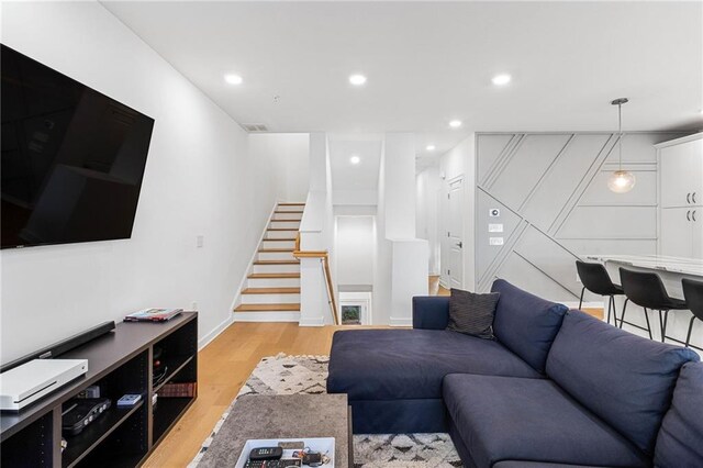 395 Pratt Dr SE Unit No 802, Atlanta, GA 30315 - living area with stairs, light wood-style flooring, recessed lighting, and baseboards