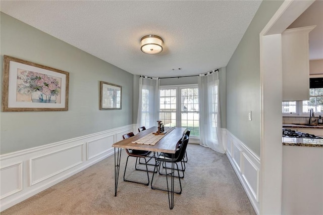 dining space with a textured ceiling, a decorative wall, wainscoting, and light colored carpet