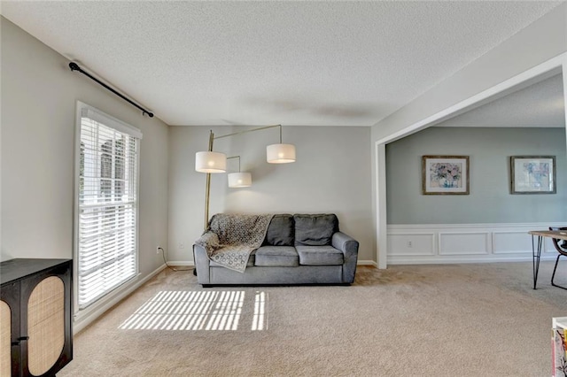 living area with a textured ceiling, carpet floors, and a healthy amount of sunlight