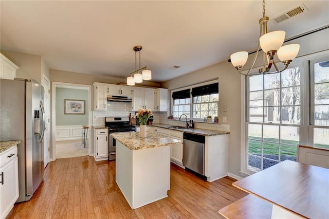 kitchen with stainless steel appliances, visible vents, decorative backsplash, a sink, and under cabinet range hood