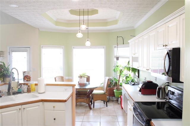 kitchen with range with electric cooktop, a tray ceiling, black microwave, and a sink