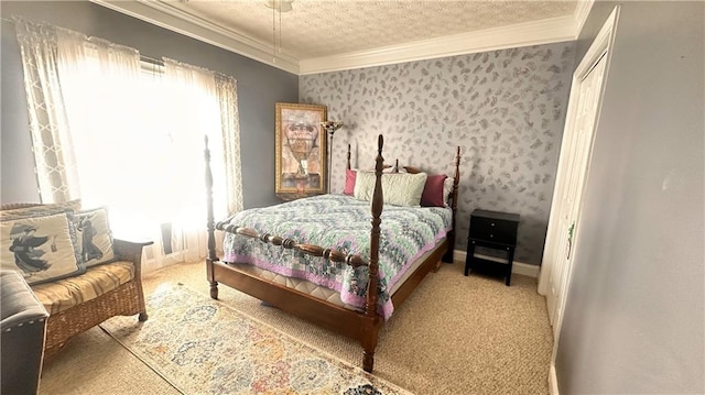 carpeted bedroom featuring wallpapered walls, multiple windows, and ornamental molding