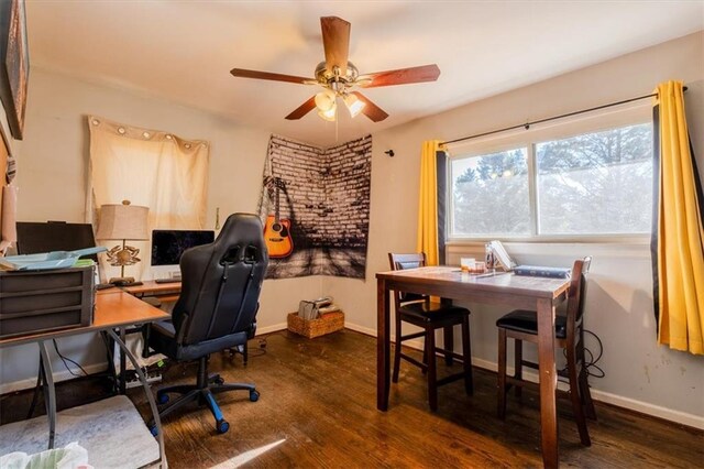 office area featuring ceiling fan and dark hardwood / wood-style flooring