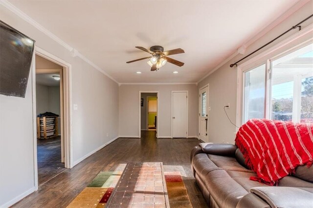 living room featuring ceiling fan, crown molding, and dark hardwood / wood-style floors