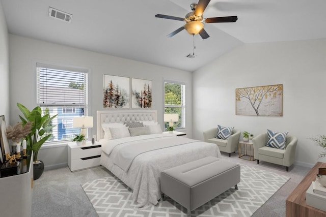 bedroom featuring light carpet, vaulted ceiling, and ceiling fan