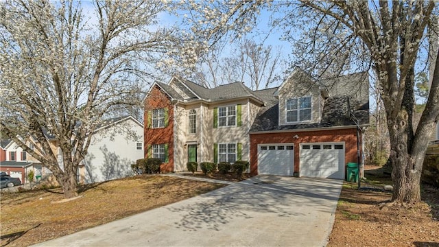 view of front of property with a garage, concrete driveway, brick siding, and a shingled roof