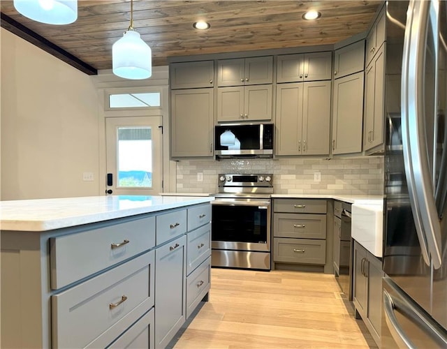 kitchen featuring gray cabinets, appliances with stainless steel finishes, wood ceiling, and decorative light fixtures