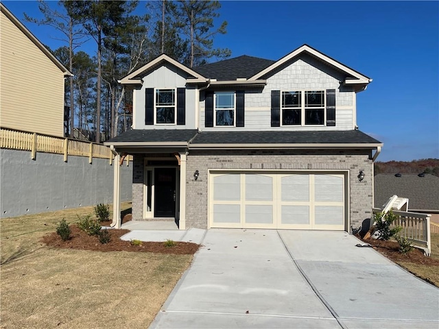 view of front of property featuring driveway, a garage, fence, and brick siding