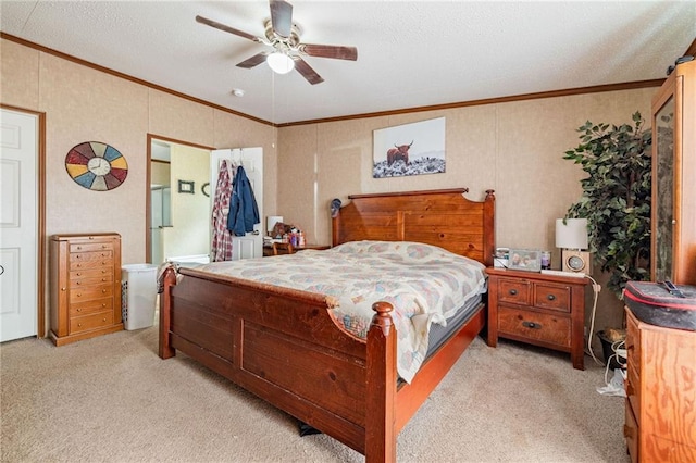 2860 Jack Bryant Cir, Gainesville, GA 30507 - bedroom with light carpet, crown molding, a ceiling fan, and a textured ceiling