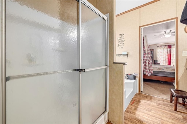 2860 Jack Bryant Cir, Gainesville, GA 30507 - ensuite bathroom featuring a stall shower, a garden tub, wood finished floors, and ceiling fan