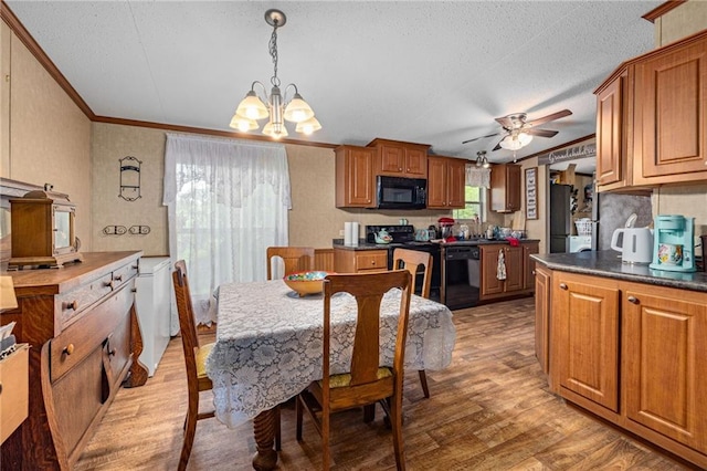 2860 Jack Bryant Cir, Gainesville, GA 30507 - dining room featuring ornamental molding, a chandelier, light wood-style flooring, ceiling fan, and a textured ceiling