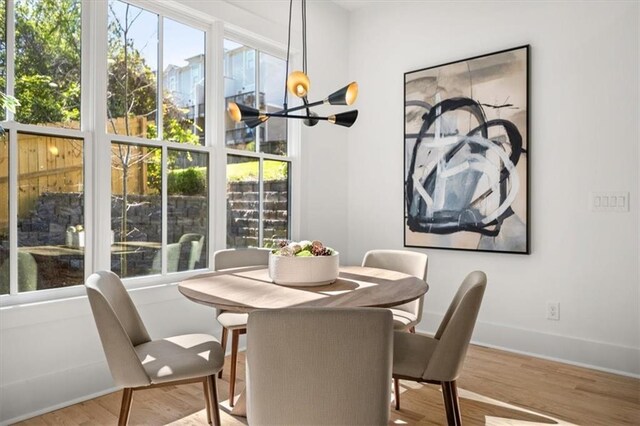 dining room featuring a wealth of natural light, a chandelier, and light wood-type flooring