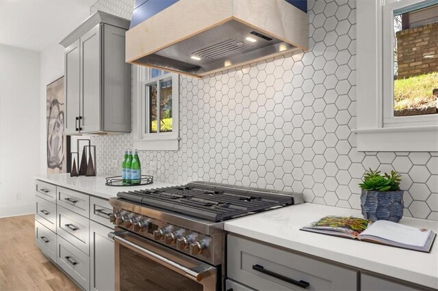 kitchen featuring tasteful backsplash, a wealth of natural light, premium range hood, and high end stove