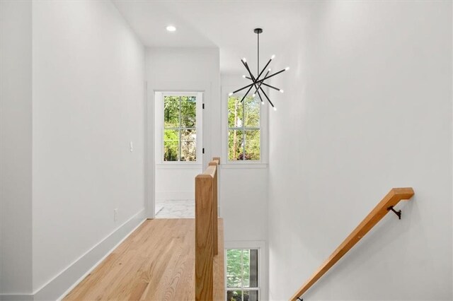 doorway featuring a notable chandelier, light hardwood / wood-style floors, and plenty of natural light