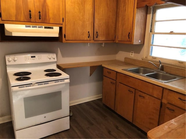 kitchen featuring sink, white electric range, and dark wood-type flooring