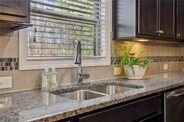 3610 Ansley Manor Ct, Cumming, GA 30028 - kitchen with dark brown cabinetry, a sink, stainless steel dishwasher, and stone counters