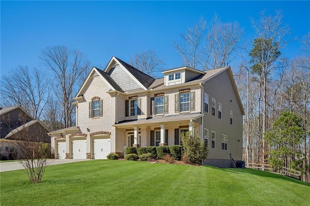 view of front of house with an attached garage, brick siding, concrete driveway, and a front yard