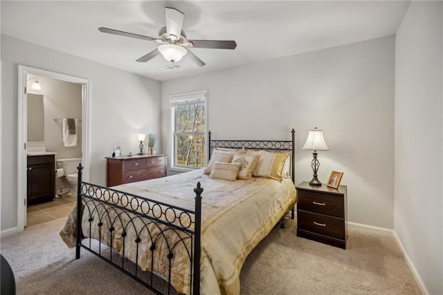 3610 Ansley Manor Ct, Cumming, GA 30028 - bedroom featuring light carpet, baseboards, ceiling fan, and ensuite bathroom