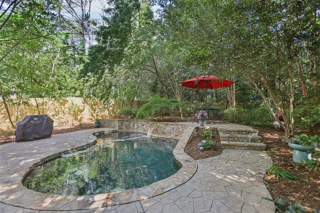 view of pool featuring area for grilling, a patio, fence, and a fenced in pool
