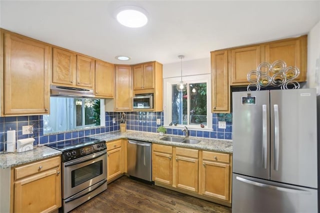 kitchen featuring a sink, stainless steel appliances, under cabinet range hood, decorative backsplash, and dark wood-style floors