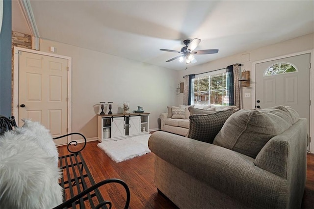 57 Jonathan Rd, Riverdale, GA 30274 - living area featuring a ceiling fan, dark wood-style flooring, and baseboards