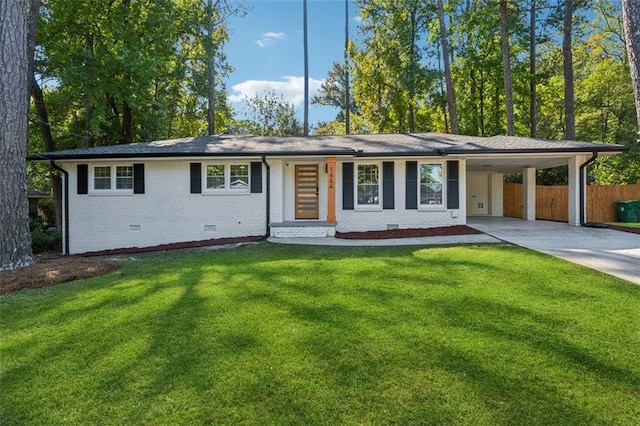 single story home with a carport and a front lawn