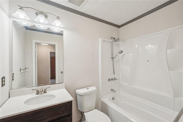 full bathroom featuring visible vents, toilet, crown molding, bathing tub / shower combination, and vanity