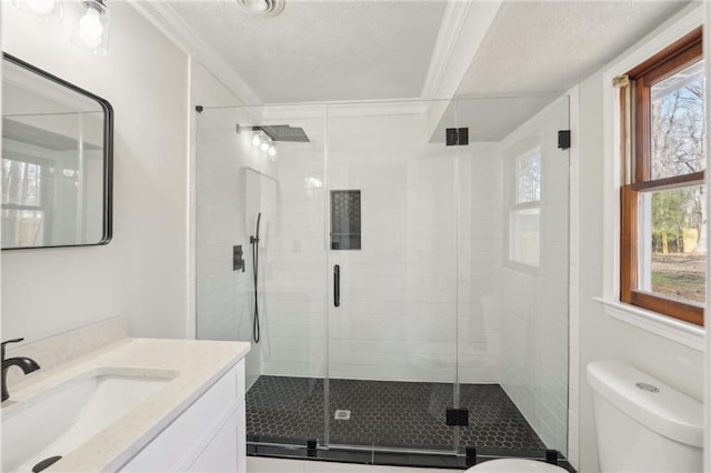 bathroom featuring vanity, a shower stall, a textured ceiling, crown molding, and toilet