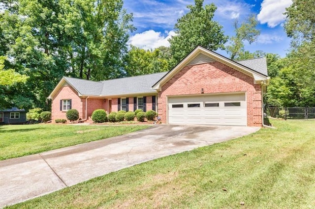 single story home featuring a garage, a front lawn, concrete driveway, and brick siding