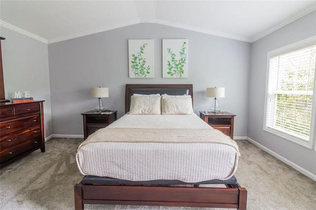 carpeted bedroom featuring crown molding, lofted ceiling, and multiple windows