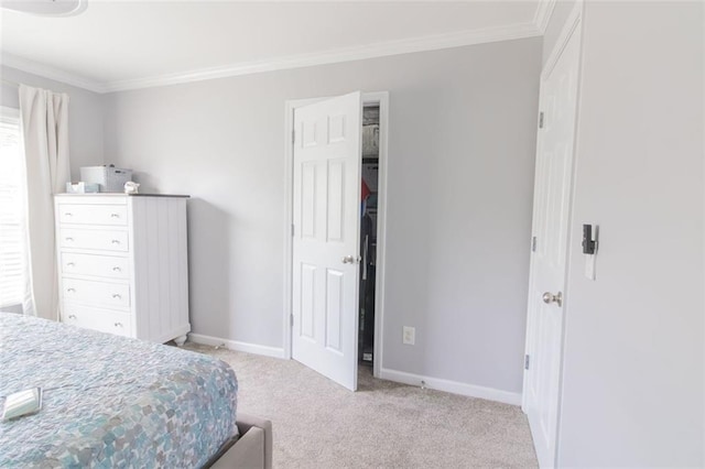 bedroom featuring light carpet and ornamental molding