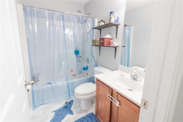 full bathroom with vanity, shower / bath combo, and toilet