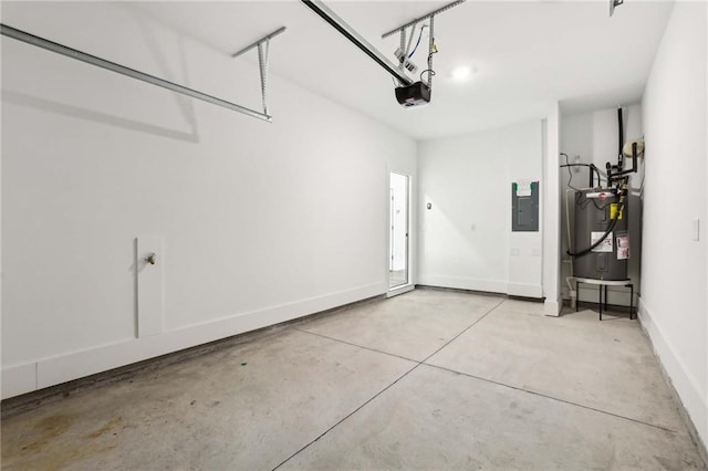 garage with electric panel, a garage door opener, baseboards, and electric water heater