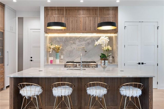 interior space with tasteful backsplash, light stone countertops, sink, and light wood-type flooring