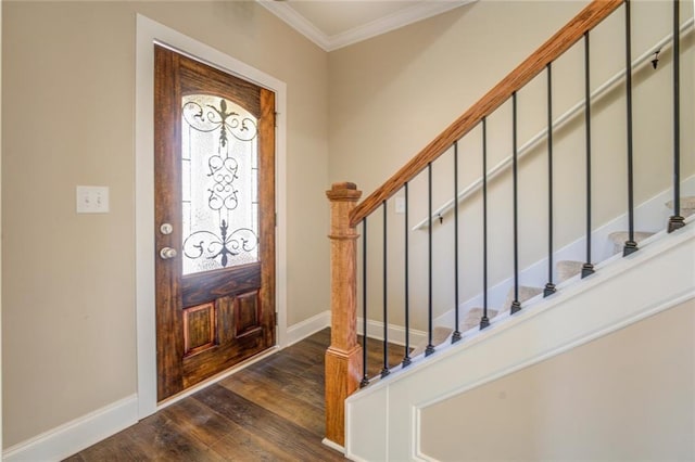 foyer entrance featuring crown molding and dark hardwood / wood-style floors