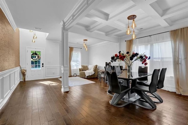 dining space featuring decorative columns, beam ceiling, dark hardwood / wood-style floors, and coffered ceiling