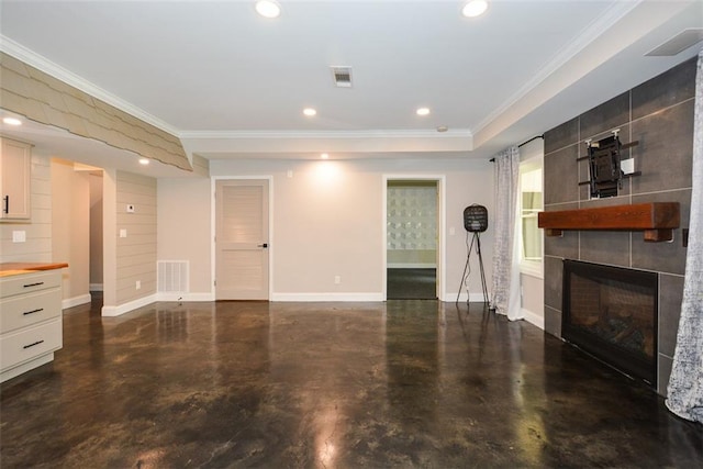 204 Maple Creek Chase, Woodstock, GA 30188 - unfurnished living room with visible vents, recessed lighting, and a tile fireplace