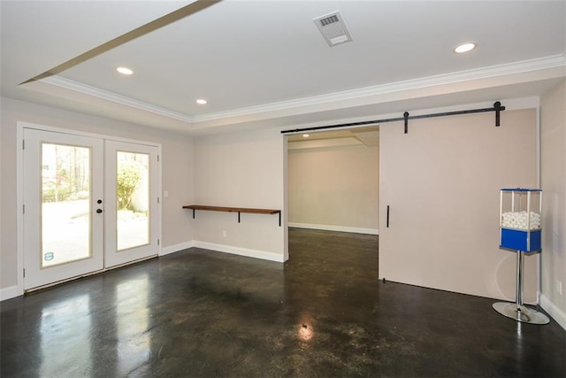 204 Maple Creek Chase, Woodstock, GA 30188 - spare room featuring concrete floors, visible vents, a barn door, a tray ceiling, and recessed lighting