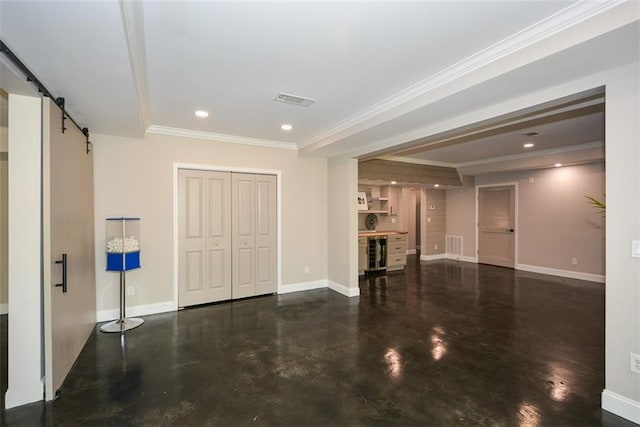 204 Maple Creek Chase, Woodstock, GA 30188 - unfurnished living room featuring visible vents, baseboards, a barn door, concrete flooring, and recessed lighting