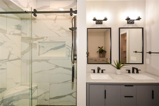 204 Maple Creek Chase, Woodstock, GA 30188 - bathroom with a sink, a marble finish shower, and double vanity