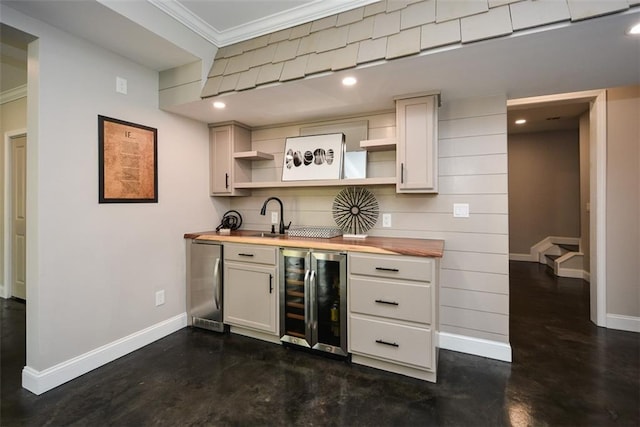 204 Maple Creek Chase, Woodstock, GA 30188 - bar featuring baseboards, stainless steel refrigerator, beverage cooler, and finished concrete flooring