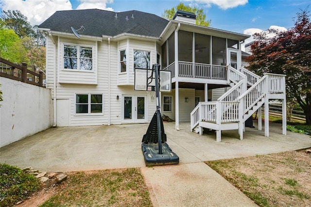 204 Maple Creek Chase, Woodstock, GA 30188 - rear view of house featuring a patio, a chimney, stairway, french doors, and a sunroom