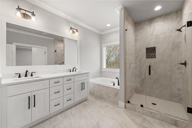 bathroom featuring a sink, a stall shower, a bath, and crown molding