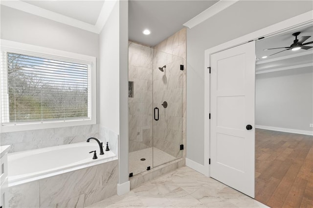 bathroom featuring marble finish floor, a stall shower, ornamental molding, baseboards, and a bath