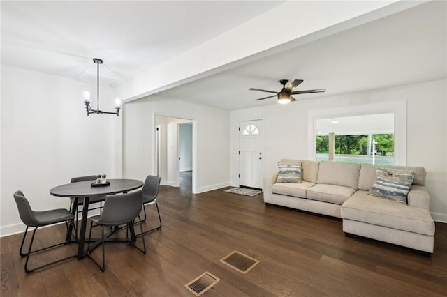 16064 Hopewell Rd, Alpharetta, GA 30004 - dining space featuring dark wood-type flooring, a chandelier, baseboards, and ceiling fan