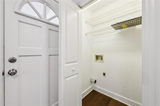 16064 Hopewell Rd, Alpharetta, GA 30004 - washroom featuring electric dryer hookup, dark wood finished floors, washer hookup, and baseboards
