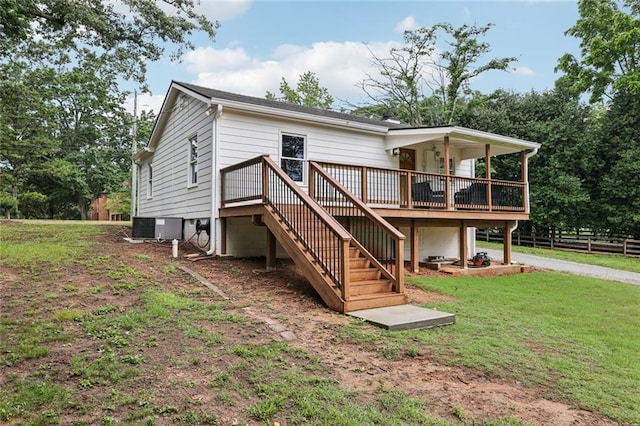 16064 Hopewell Rd, Alpharetta, GA 30004 - back of house with a wooden deck, stairs, and central AC