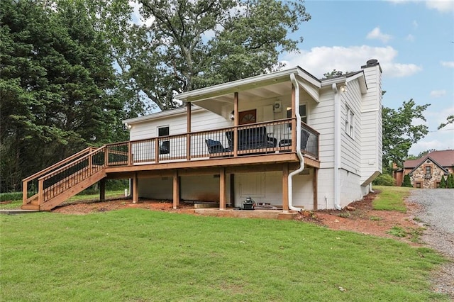 16064 Hopewell Rd, Alpharetta, GA 30004 - rear view of property featuring a chimney, a lawn, a wooden deck, stairs, and gravel driveway