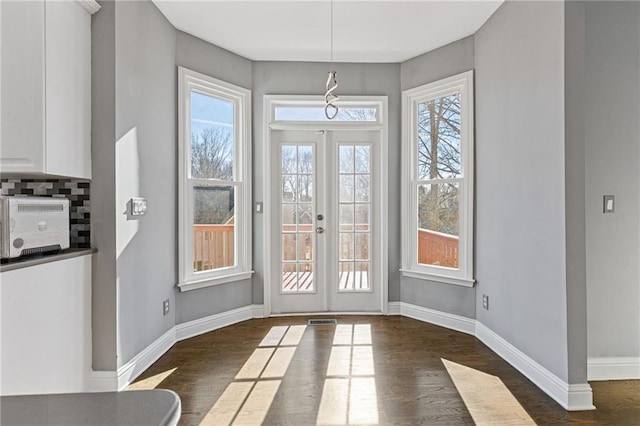 doorway featuring dark wood-type flooring, a healthy amount of sunlight, and french doors